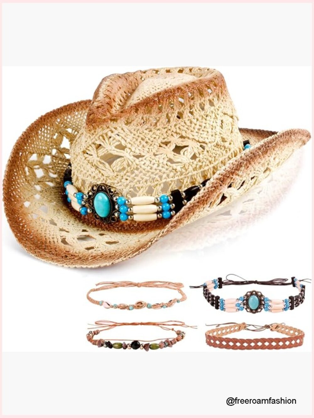 Foldable Straw Cowgirl Hat with Interchangeable Bands, Sun Protection